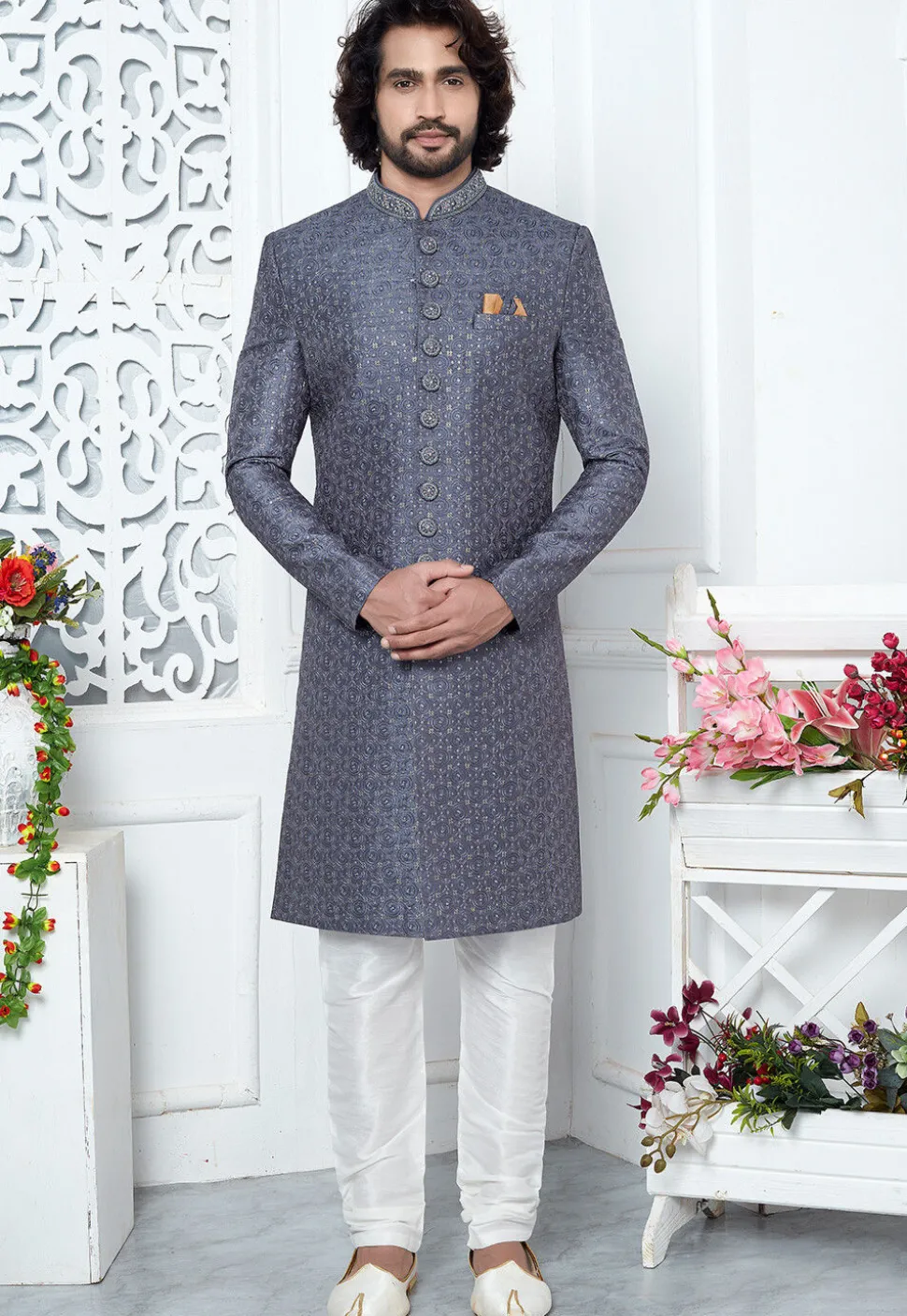 Embroidered Art Silk Sherwani in Dusty Blue