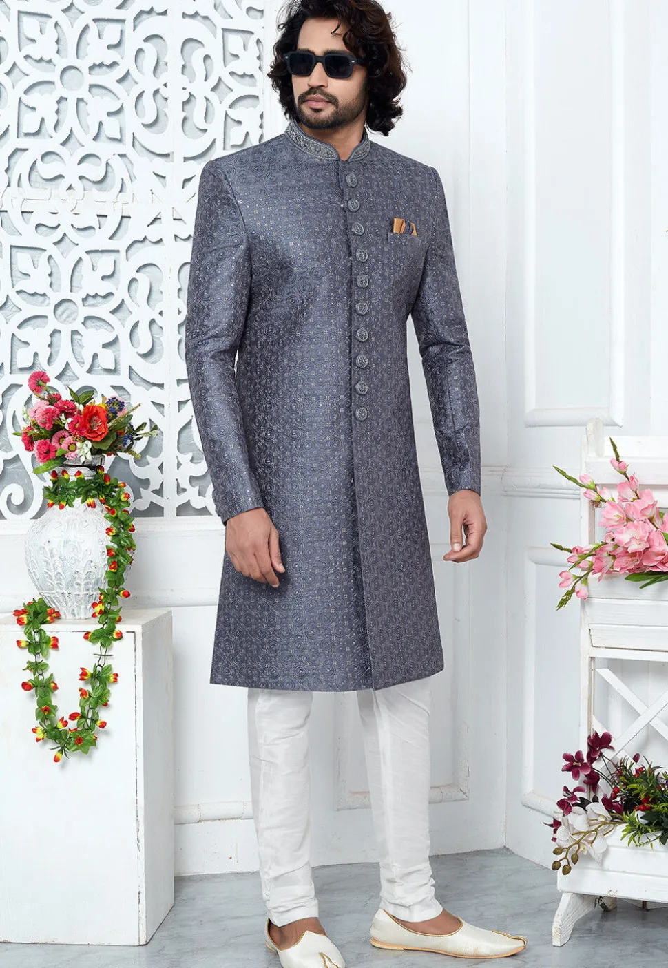 Embroidered Art Silk Sherwani in Dusty Blue