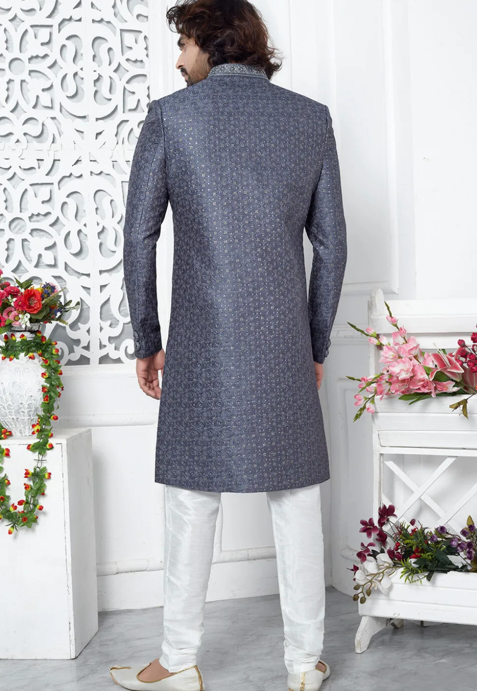 Embroidered Art Silk Sherwani in Dusty Blue