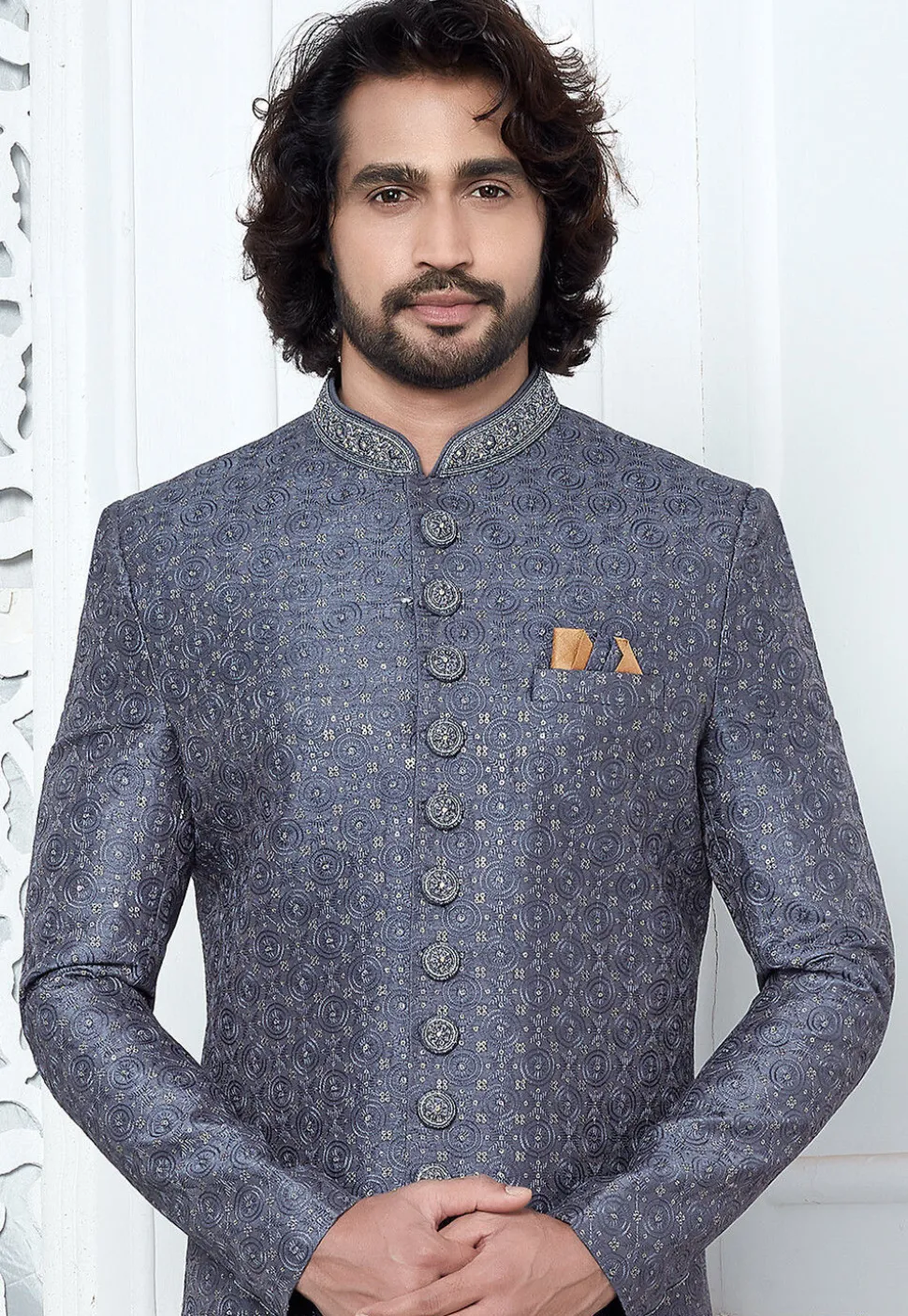 Embroidered Art Silk Sherwani in Dusty Blue