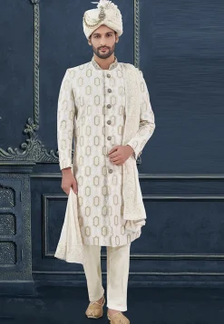 Embroidered Art Silk Sherwani in Off White