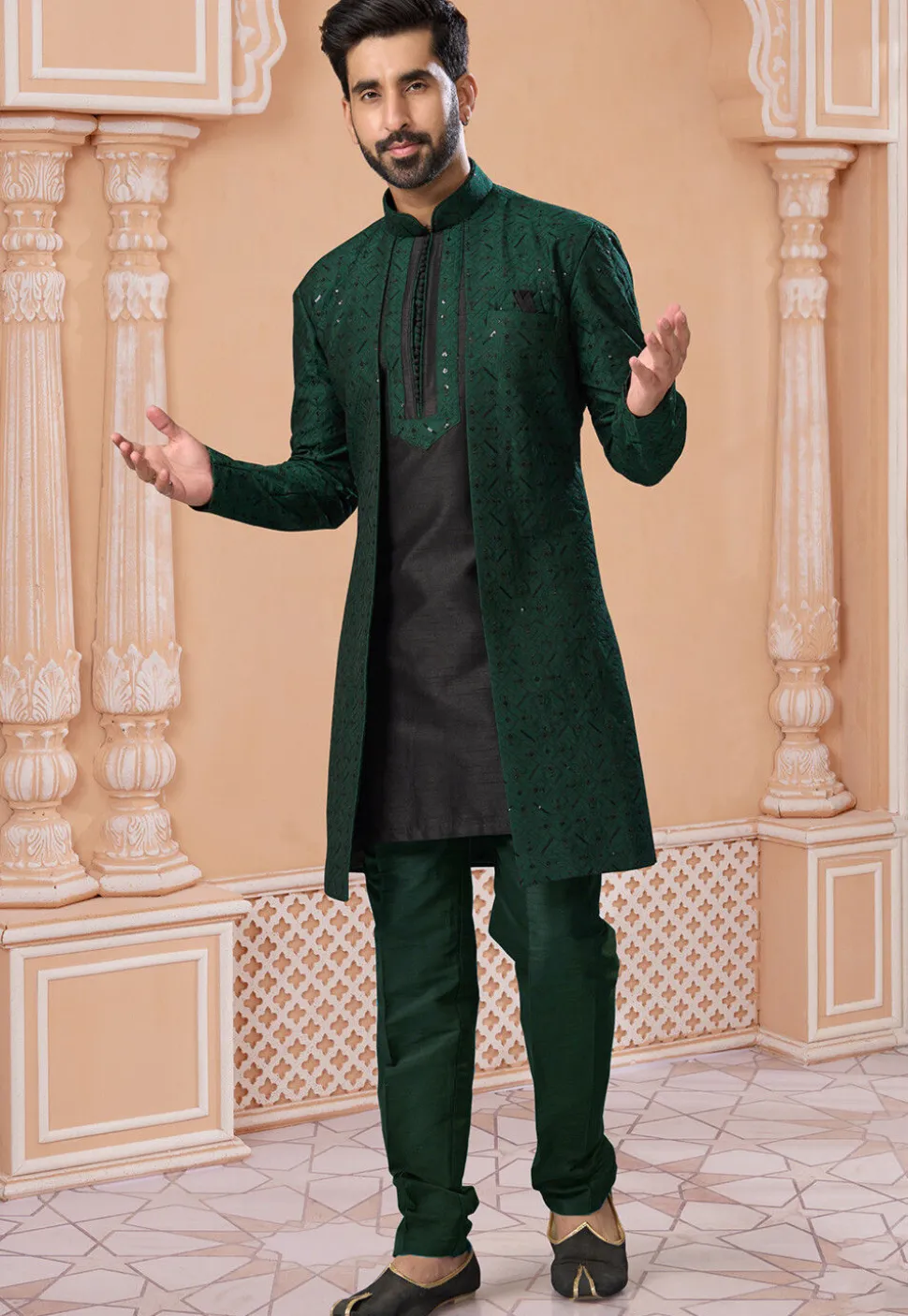 Embroidered Art Silk Sherwani in Dark Green and Black