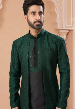 Embroidered Art Silk Sherwani in Dark Green and Black
