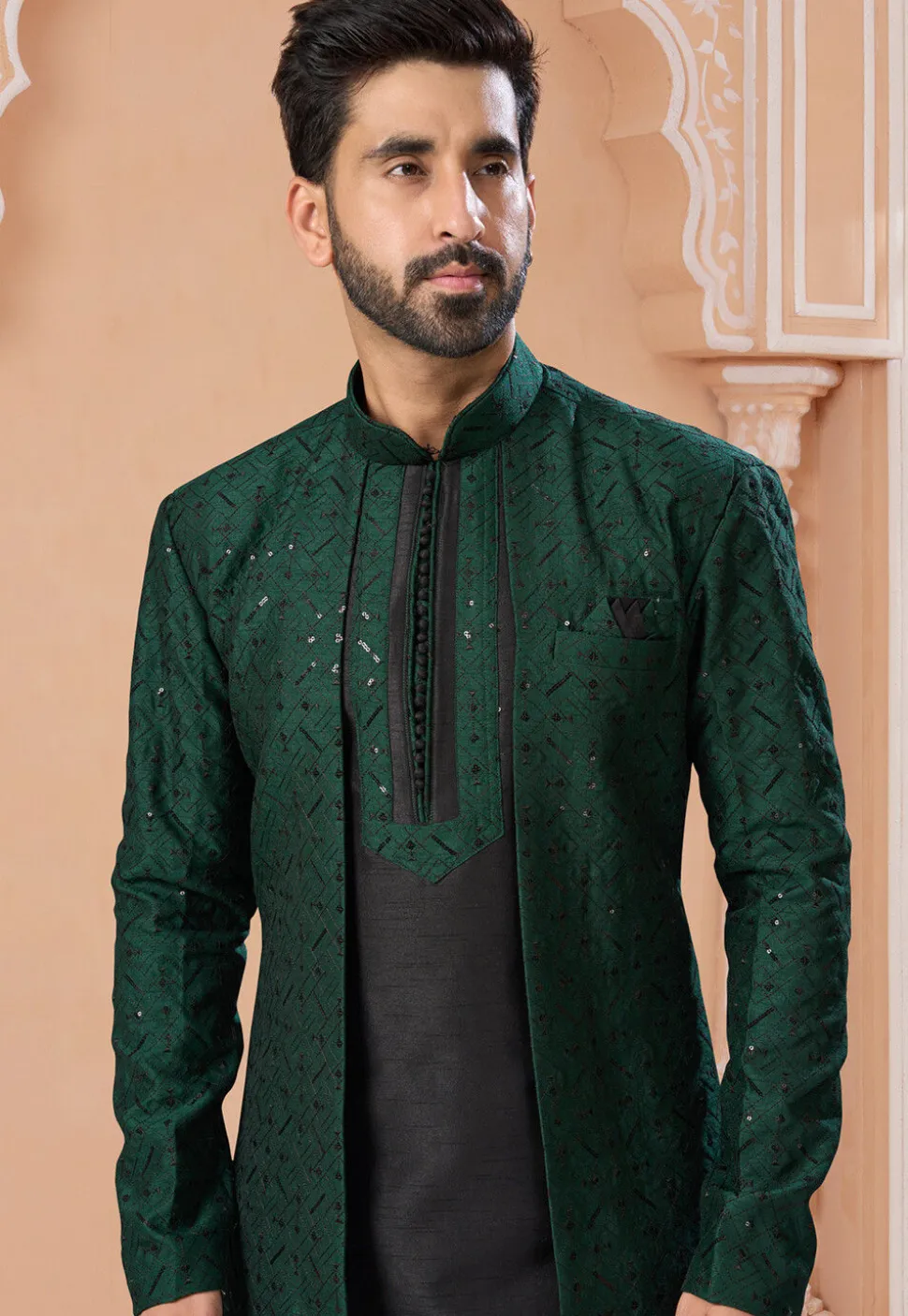 Embroidered Art Silk Sherwani in Dark Green and Black