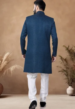 Embroidered Art Silk Sherwani in Teal Blue