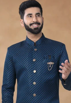 Embroidered Art Silk Sherwani in Teal Blue