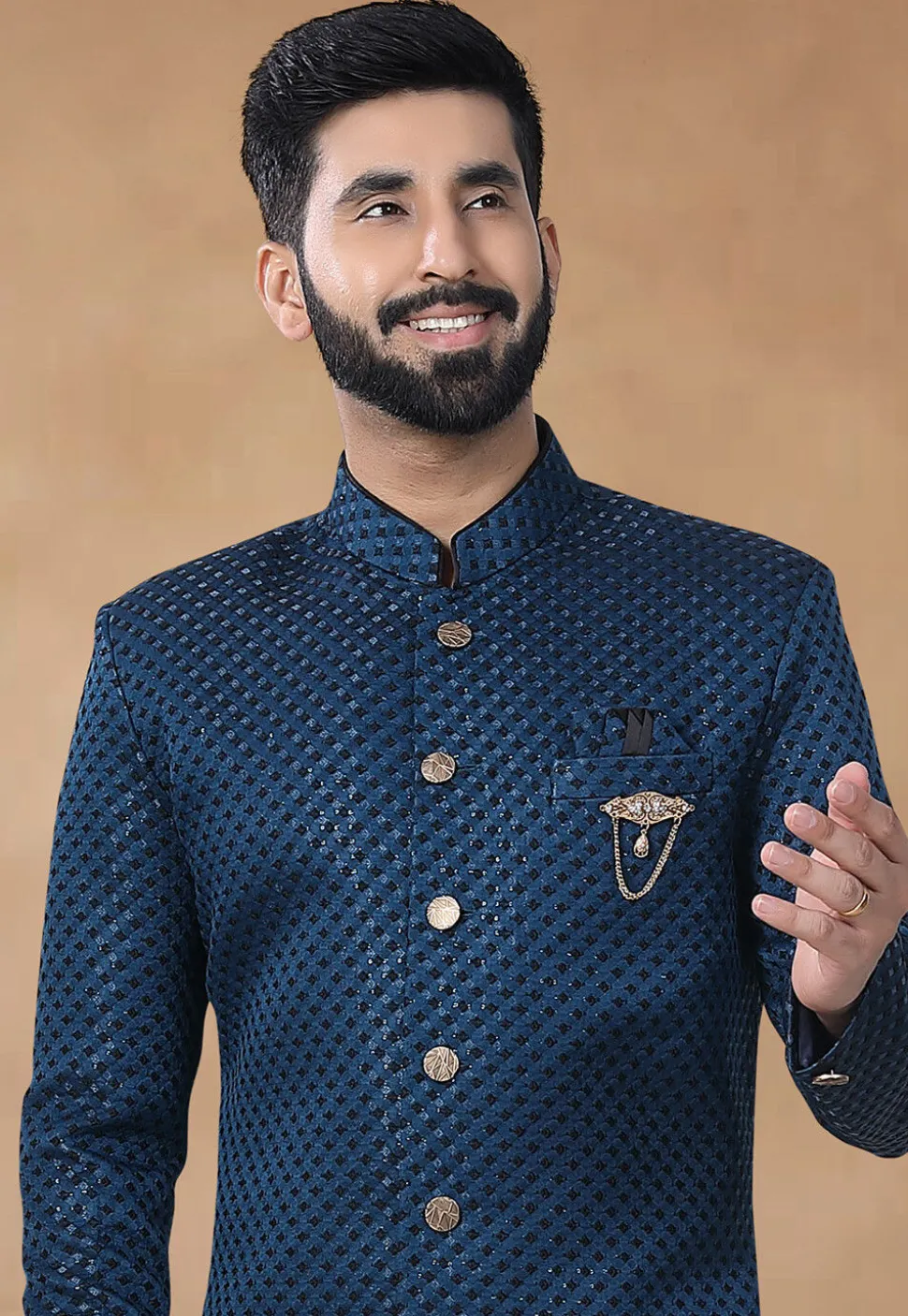 Embroidered Art Silk Sherwani in Teal Blue