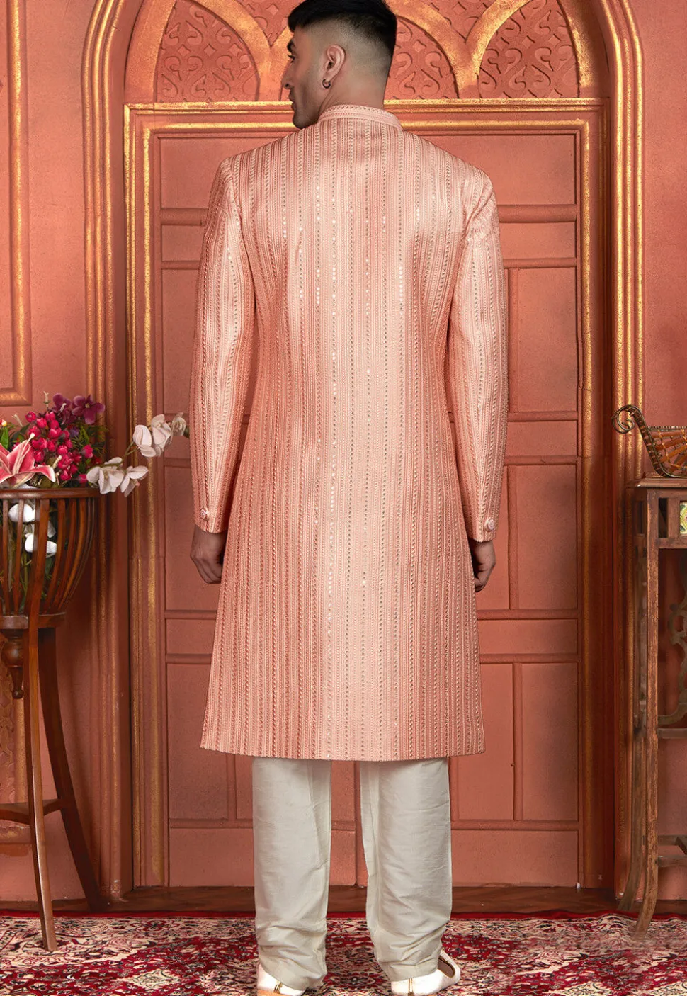 Embroidered Art Silk Sherwani in Peach