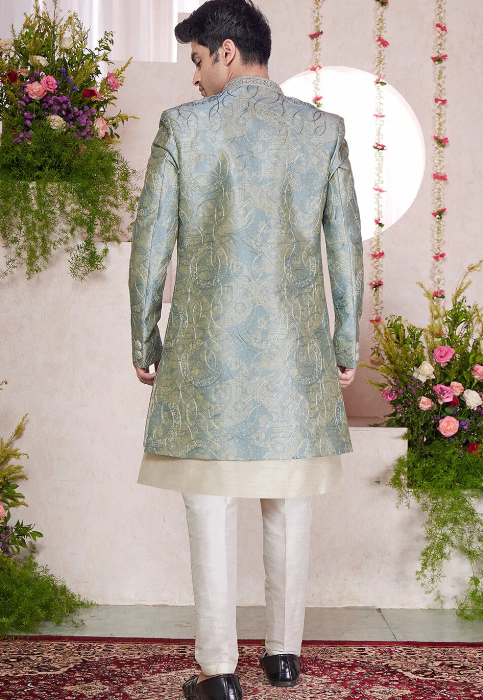 Embroidered Art Silk Sherwani in Cream