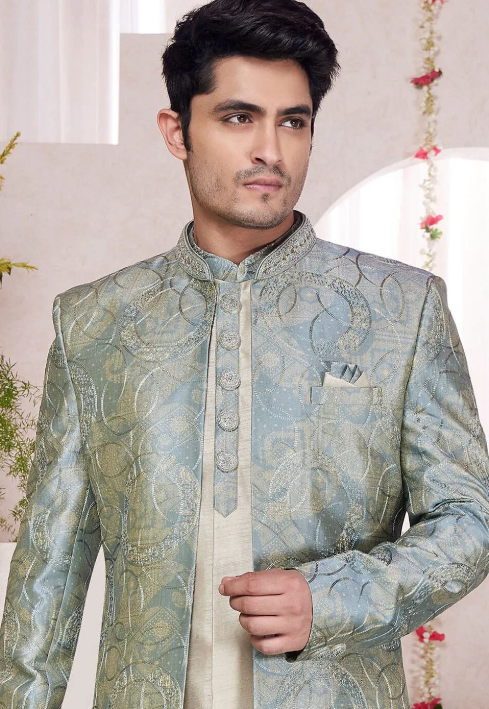 Embroidered Art Silk Sherwani in Cream