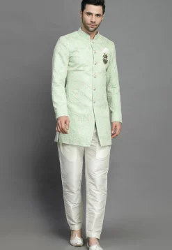 Embroidered Art Silk Sherwani in Light Green