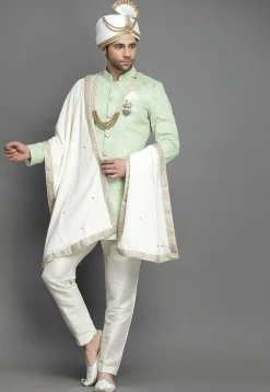 Embroidered Art Silk Sherwani in Light Green
