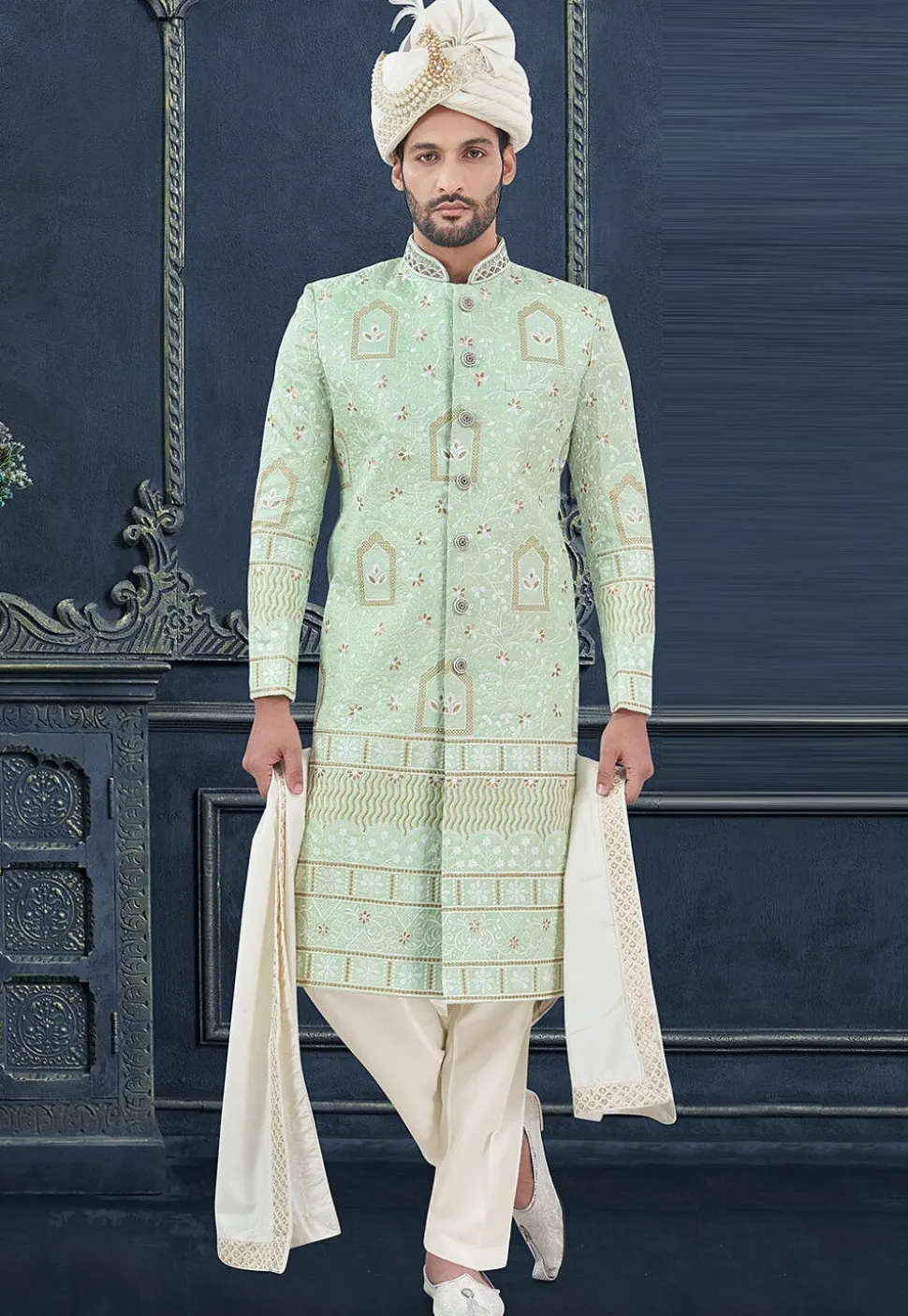 Embroidered Art Silk Sherwani in Light Green