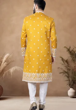 Embroidered Art Silk Sherwani in Yellow