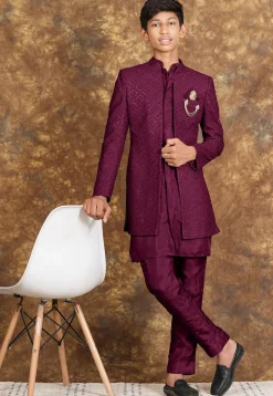 Embroidered Art Silk Sherwani in Wine