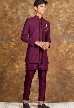 Embroidered Art Silk Sherwani in Wine