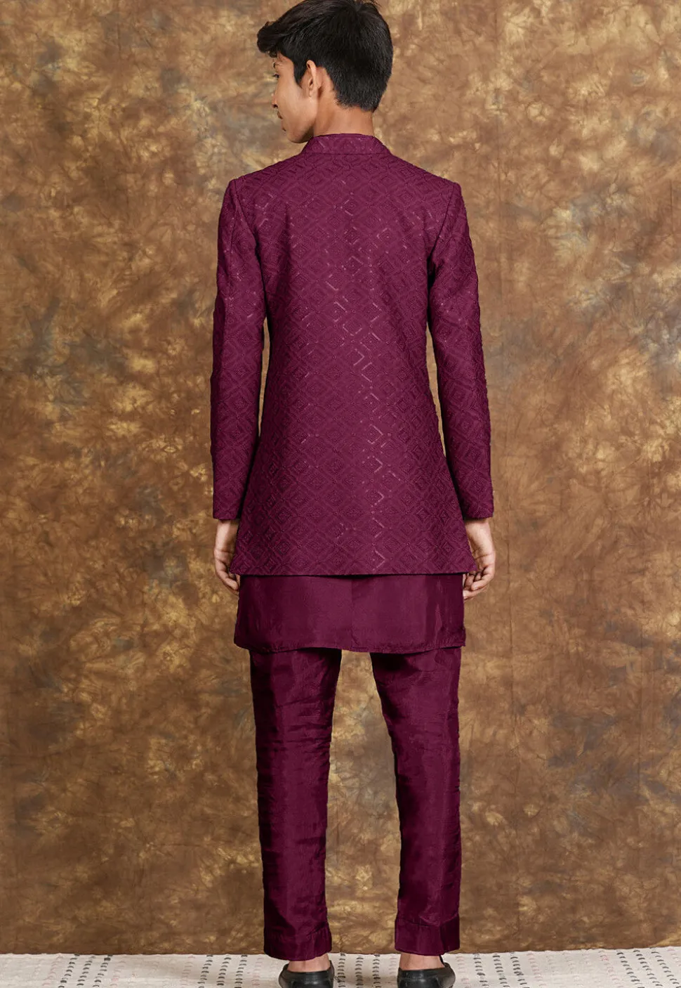 Embroidered Art Silk Sherwani in Wine
