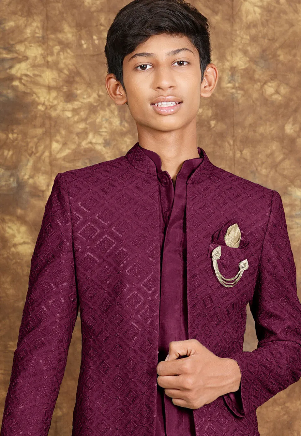 Embroidered Art Silk Sherwani in Wine