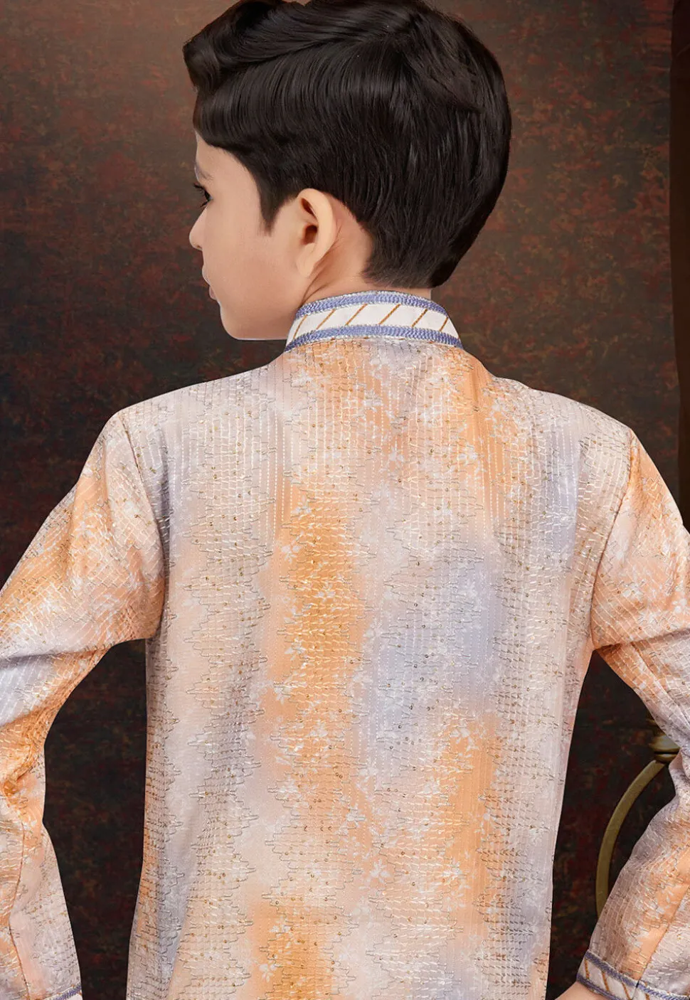 Embroidered Art Silk Sherwani in Orange and Grey