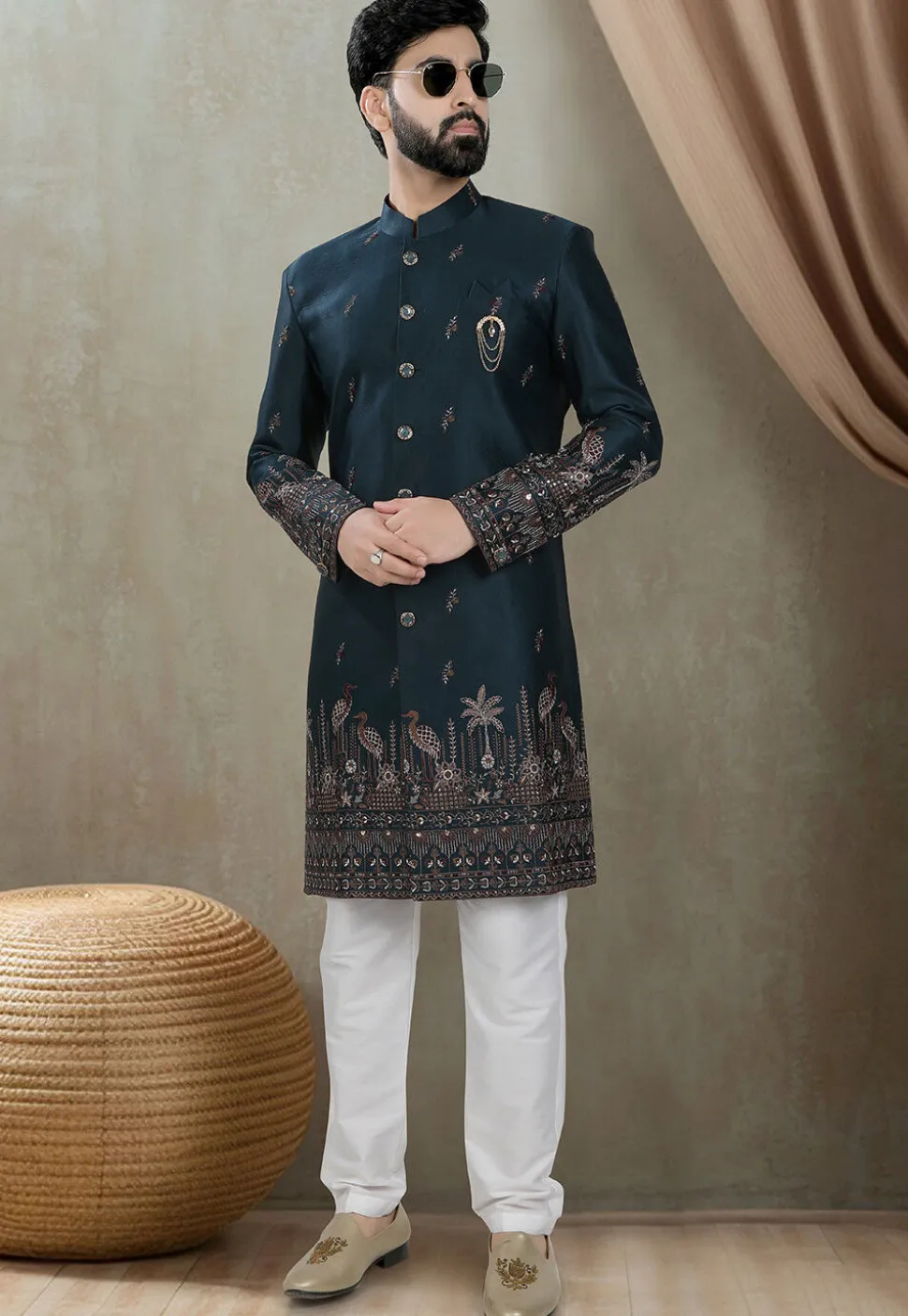 Embroidered Art Silk Sherwani in Teal Blue