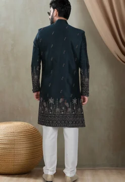 Embroidered Art Silk Sherwani in Teal Blue