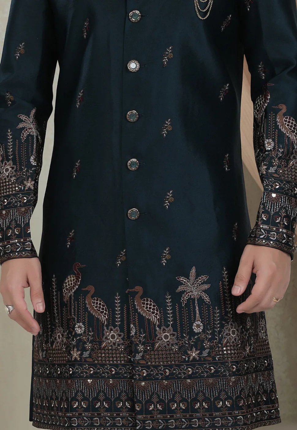 Embroidered Art Silk Sherwani in Teal Blue