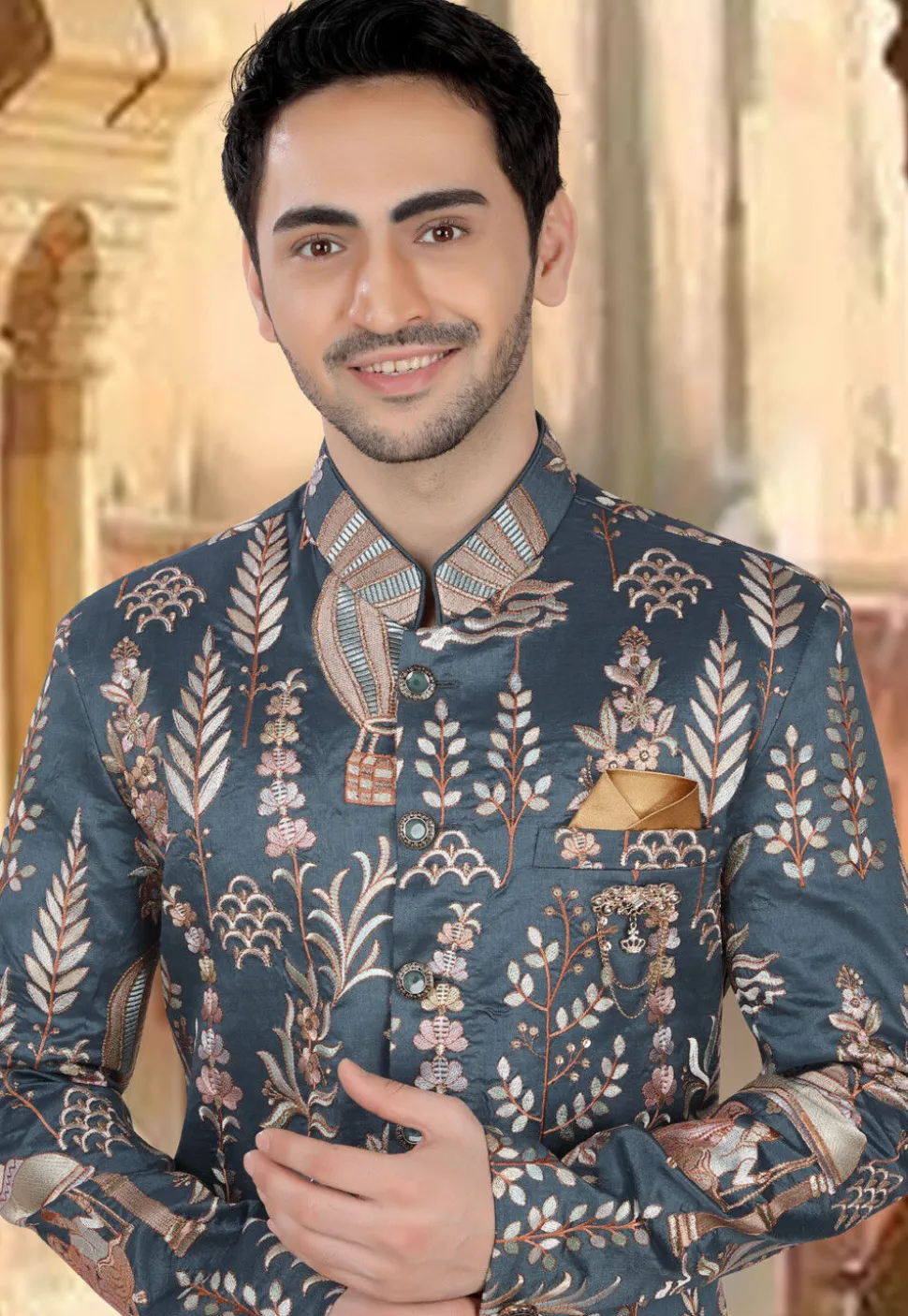 Embroidered Art Silk Sherwani in Grey