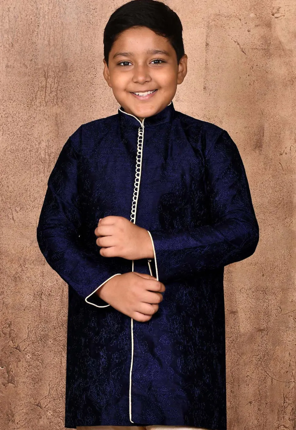 Embroidered Art Silk Sherwani Set in Navy Blue