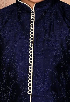 Embroidered Art Silk Sherwani Set in Navy Blue