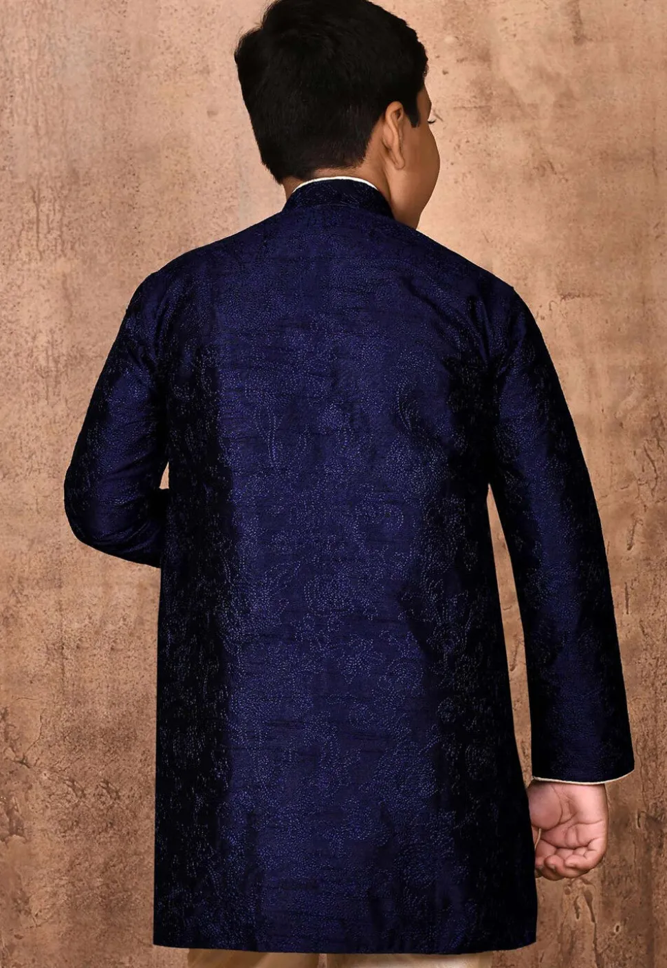 Embroidered Art Silk Sherwani Set in Navy Blue