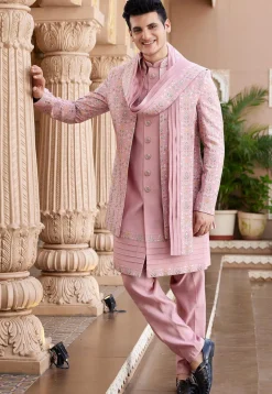 Embroidered Art Silk Sherwani in Pink