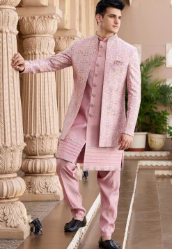 Embroidered Art Silk Sherwani in Pink