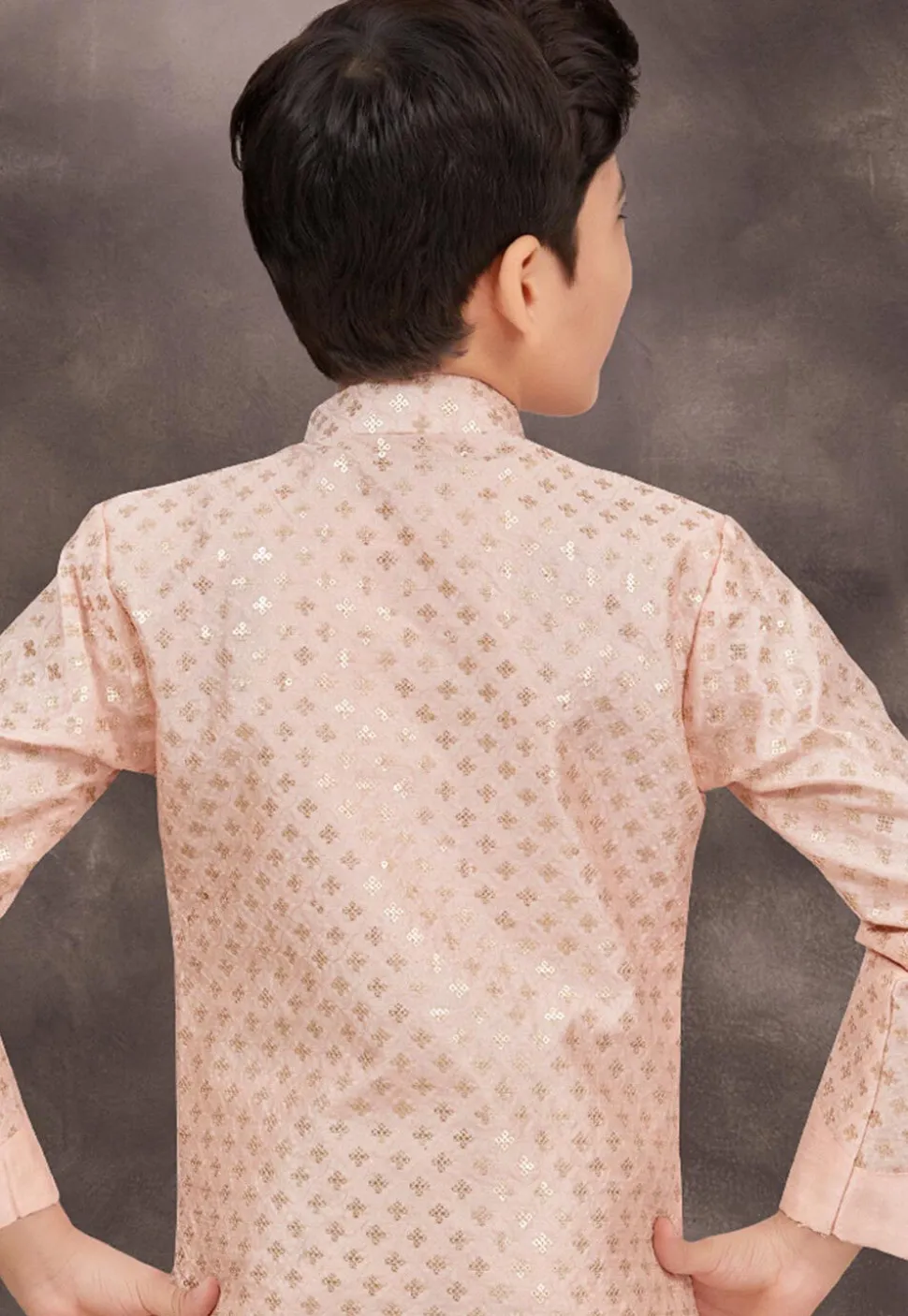 Embroidered Art Silk Sherwani in Peach