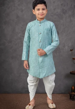 Embroidered Art Silk Sherwani in Blue