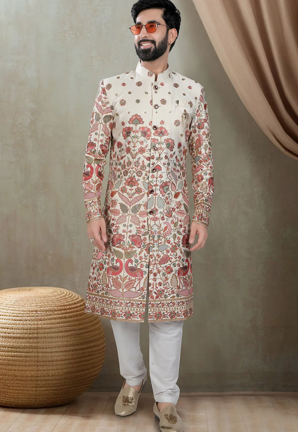 Embroidered Art Silk Sherwani in Cream
