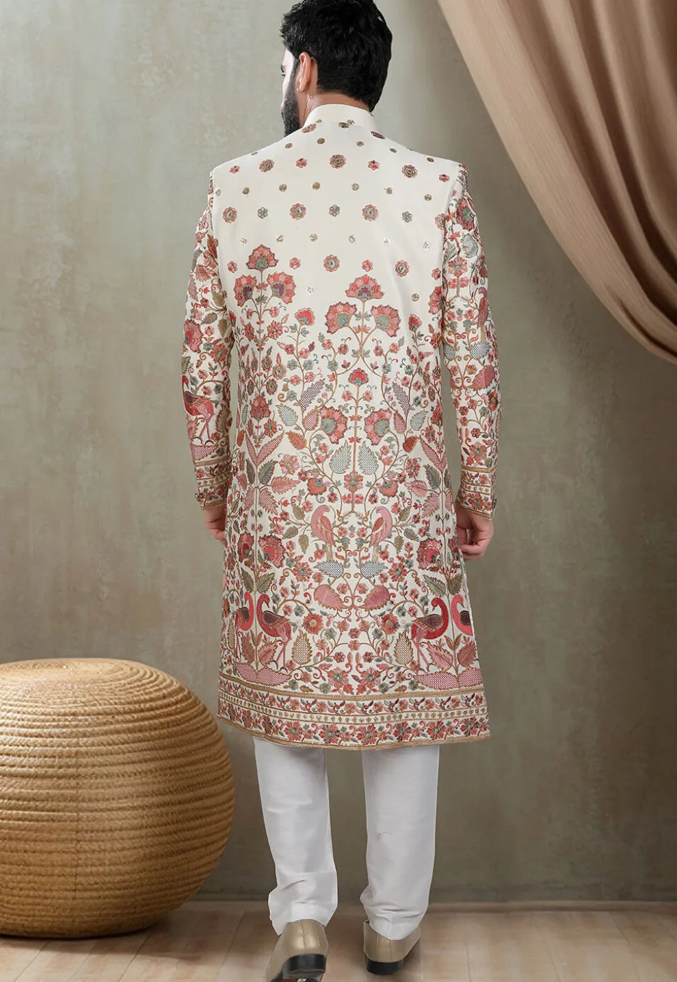 Embroidered Art Silk Sherwani in Cream