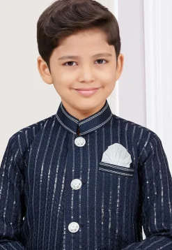Embroidered Art Silk Sherwani in Navy Blue