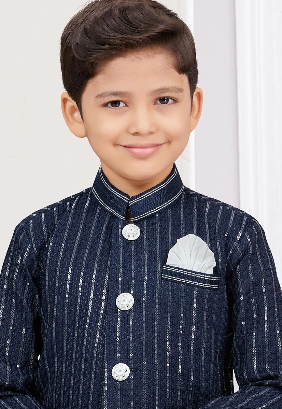 Embroidered Art Silk Sherwani in Navy Blue