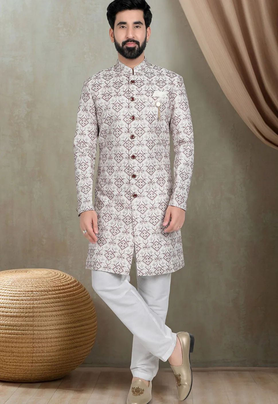 Embroidered Art Silk Sherwani in Cream