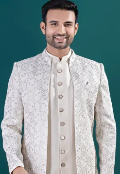 Embroidered Art Silk Sherwani in Off White