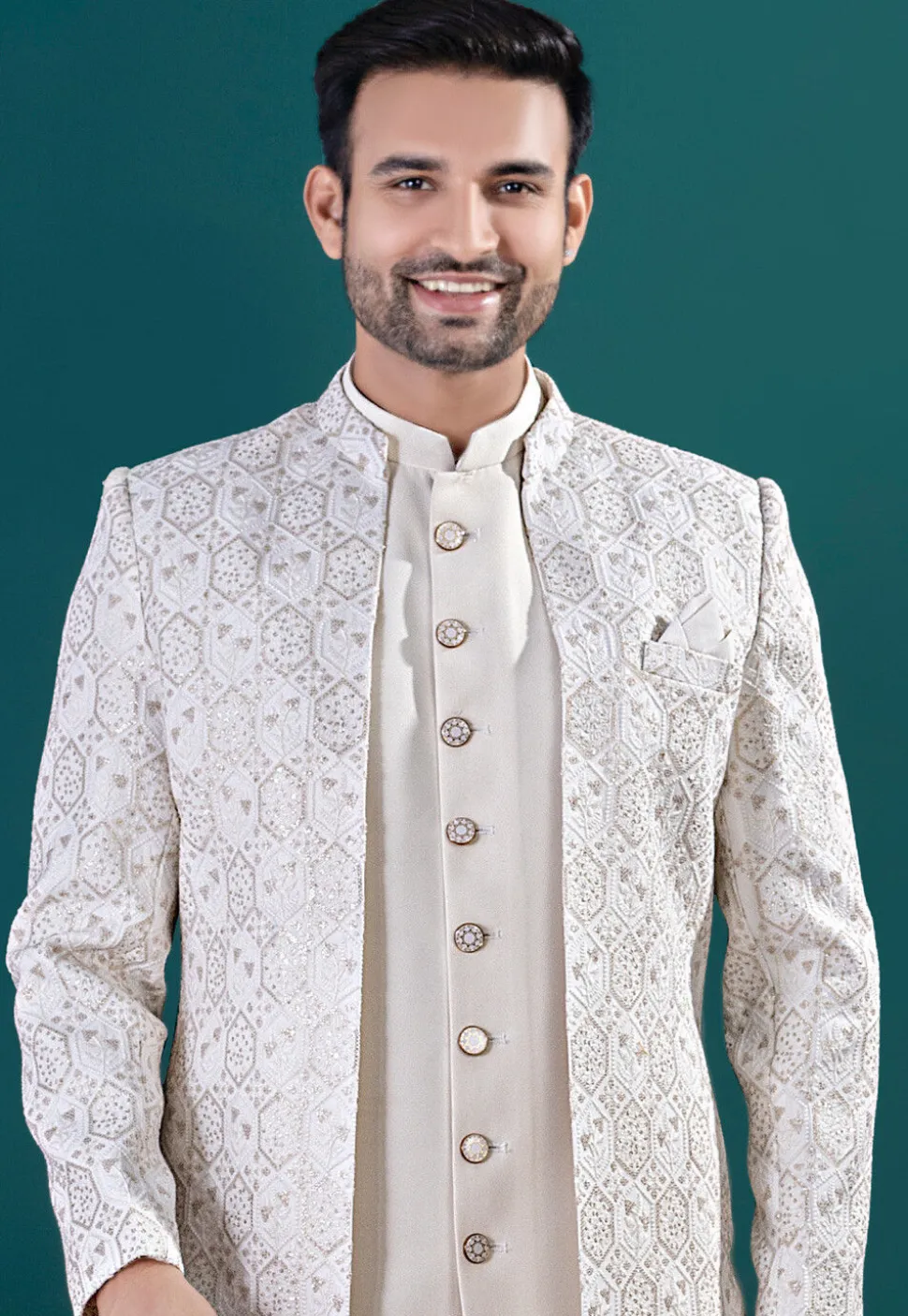 Embroidered Art Silk Sherwani in Off White