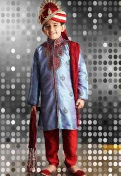 Embroidered Art Silk Sherwani sets in Blue