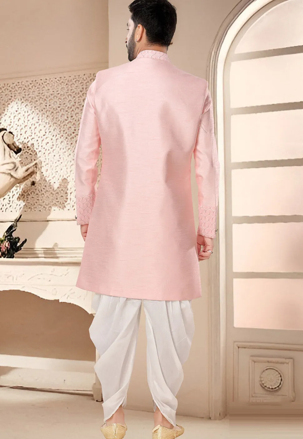 Embroidered Art Silk Sherwani in Pink