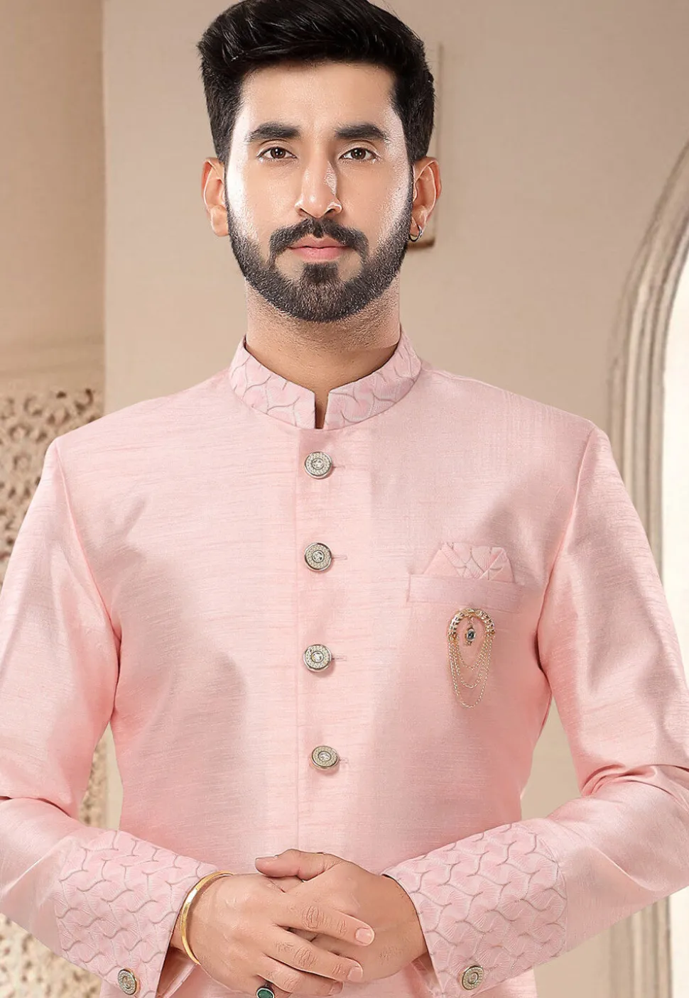 Embroidered Art Silk Sherwani in Pink