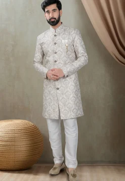 Embroidered Art Silk Sherwani in Off White