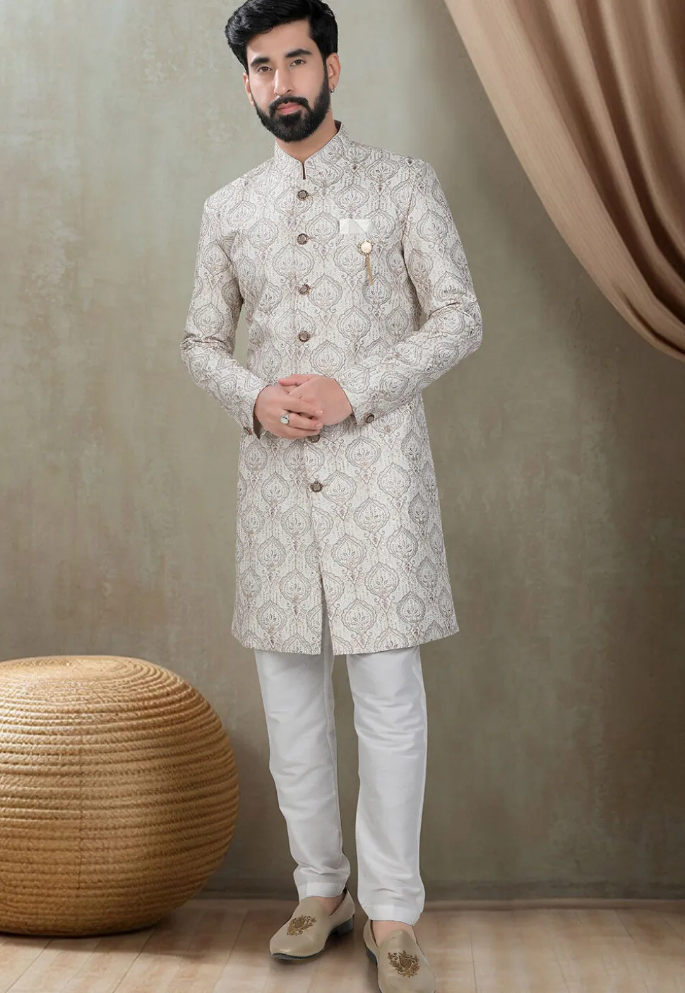 Embroidered Art Silk Sherwani in Off White