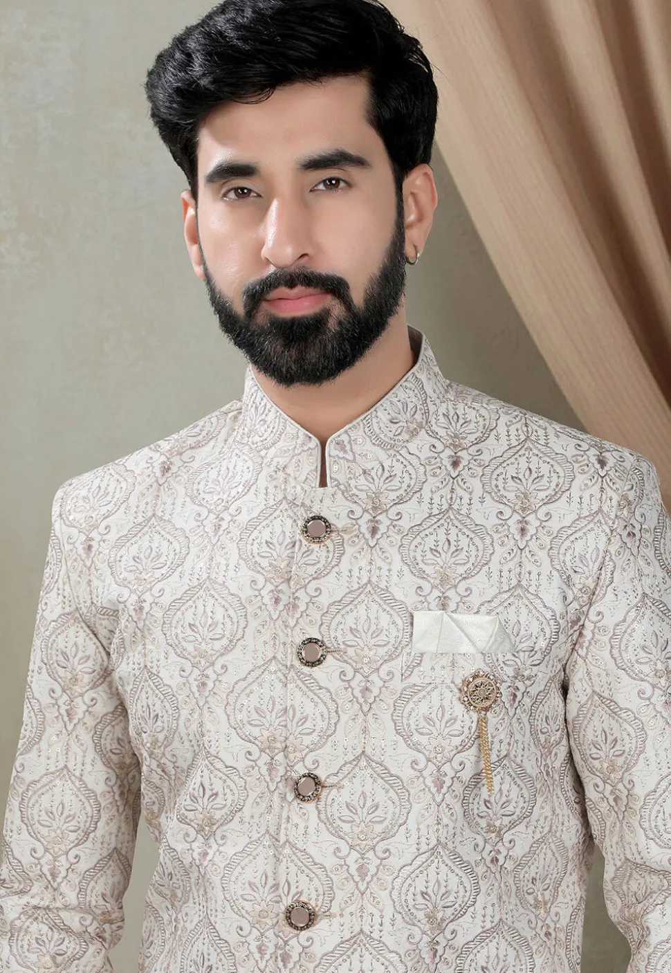 Embroidered Art Silk Sherwani in Off White