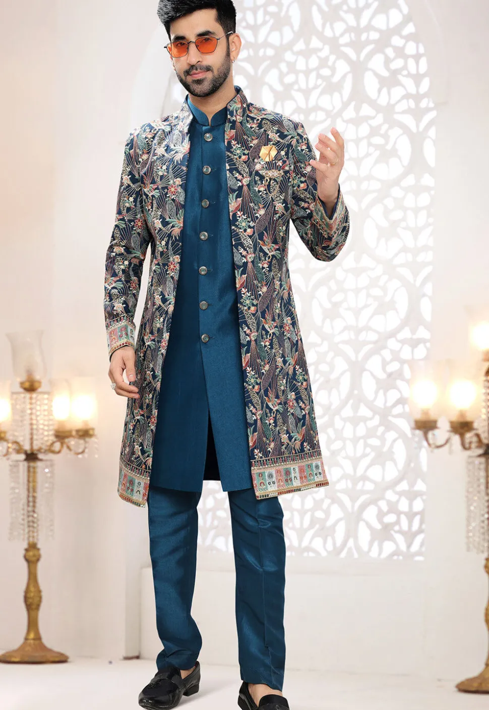 Embroidered Art Silk Sherwani in Teal Blue