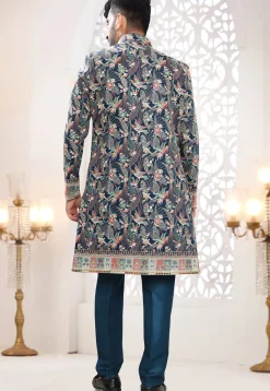 Embroidered Art Silk Sherwani in Teal Blue
