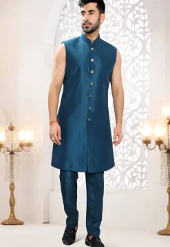 Embroidered Art Silk Sherwani in Teal Blue